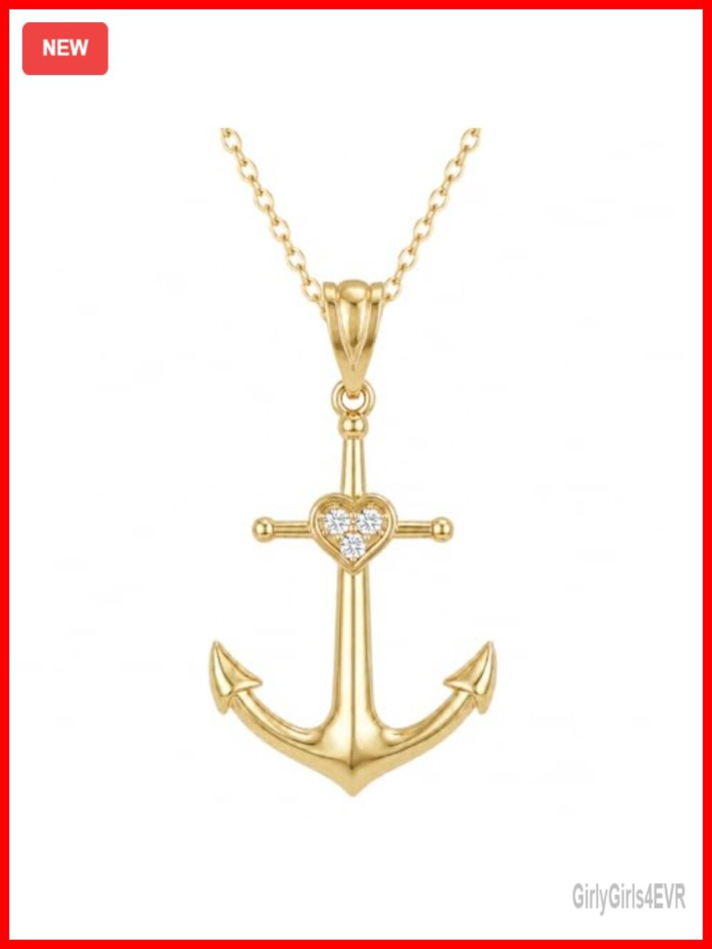 Sterling Silver Anchor Necklace, 14K Gold Plated Heart Pendant, CZ Nautical